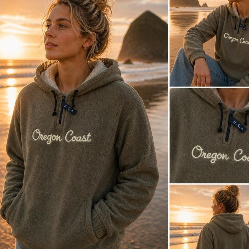 Oregon Coast Fleece Hoodie Olive‎ Green Women's L USA Made Pullover Cozy